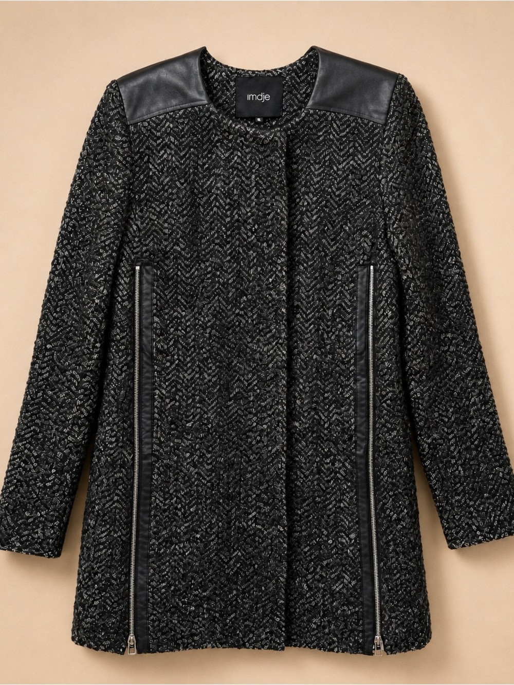 Maje Women's Charcoal Wool&Lamb Skin Pea Coat